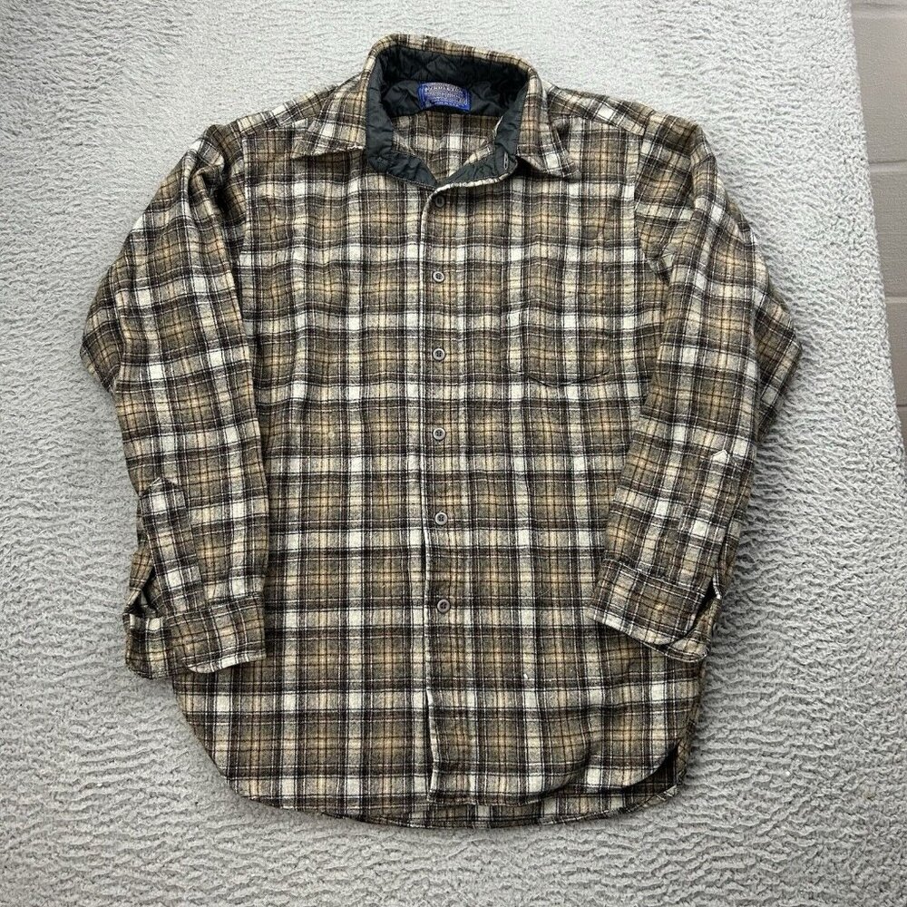 Pendleton Wool Button Up Long Sleeve Brown Plaid Mens Shirt Size Medium
